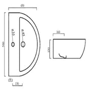Technical drawing of a curved sink with dimensions