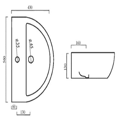 Technical drawing of a curved sink with dimensions