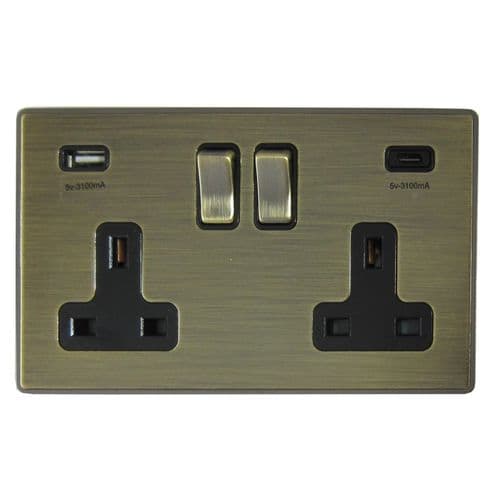 Caradok Screwless Premium Vintage Brass Metal 2 Gang 3.1A USB A + C Double 13A Plug Socket - Caradok - Screwless Vintage Brass