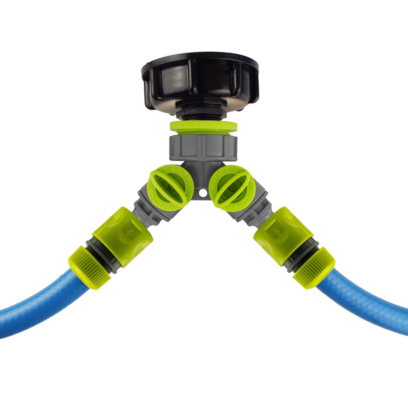 IBC 2” S60X6 Cap with Two Way Valved Splitter and Hose Connector - Home & Garden > Lawn & Garden