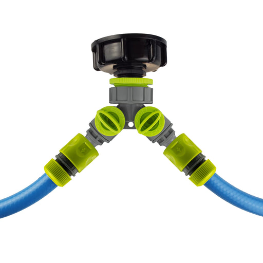 IBC 2” S60X6 Cap with Two Way Valved Splitter and Hose Connector - Home & Garden > Lawn & Garden