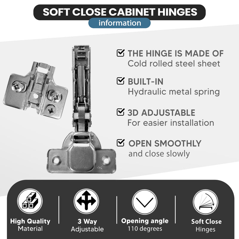 1 Pair 110 Degree Full Overlay Soft Close Kitchen Cabinet Door Hinges Adjustable Inc Backplates + Sc - Hardware > Hardware Accessories > Hinges