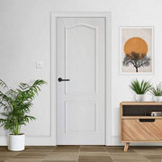 Modern interior with a white door, wooden cabinet, and plants.