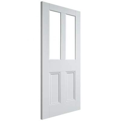 White door with glass panels on a white background