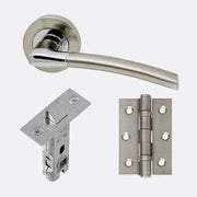 Door handle, latch, and hinge on a white background