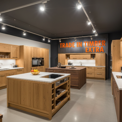 do a picture size 412x412 - of kitchen showroom with Trade In Timber EXTRA in orange writing in background 