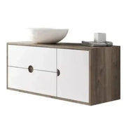 Wooden sink wall hang vanity cabinet with white doors and a bowl on top