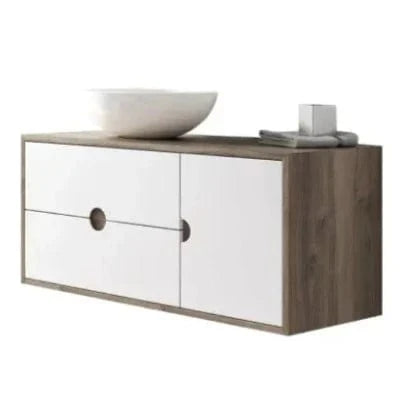 Wooden sink wall hang vanity cabinet with white doors and a bowl on top