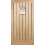 Wooden door with a small rectangular glass panel on a white background