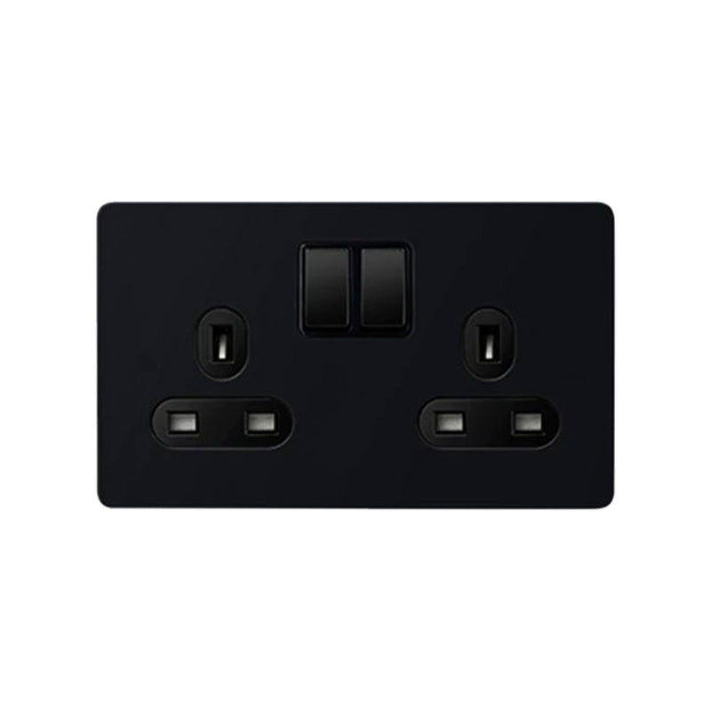 Caradok Matt Black Metal Screwless 2 Gang Plug Socket - Black Inserts - Caradok - Screwless Matt Black