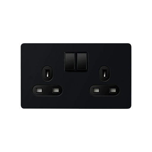 Caradok Matt Black Metal Screwless 2 Gang Plug Socket - Black Inserts - Caradok - Screwless Matt Black