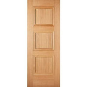 Wooden door with three square panels on a white background