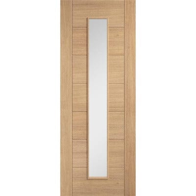 Wooden door with a glass panel on a white background