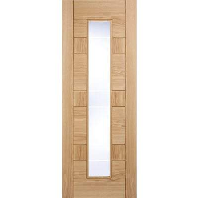 Wooden door with a glass panel on a white background
