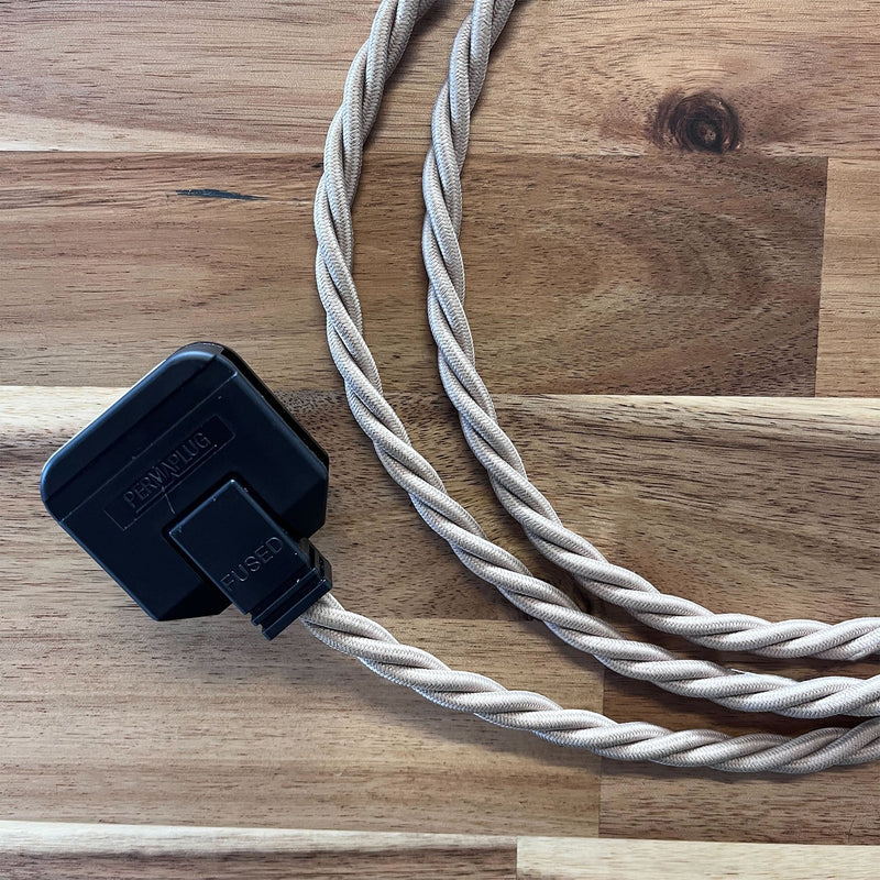 Cream / Linen Braided Fabric Decorative Extension Lead - 2 Gang Black Trailing Socket - Extension Leads
