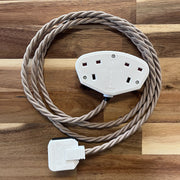 Cream / Linen Braided Fabric Decorative Extension Lead - 2 Gang White Trailing Socket - Extension Leads
