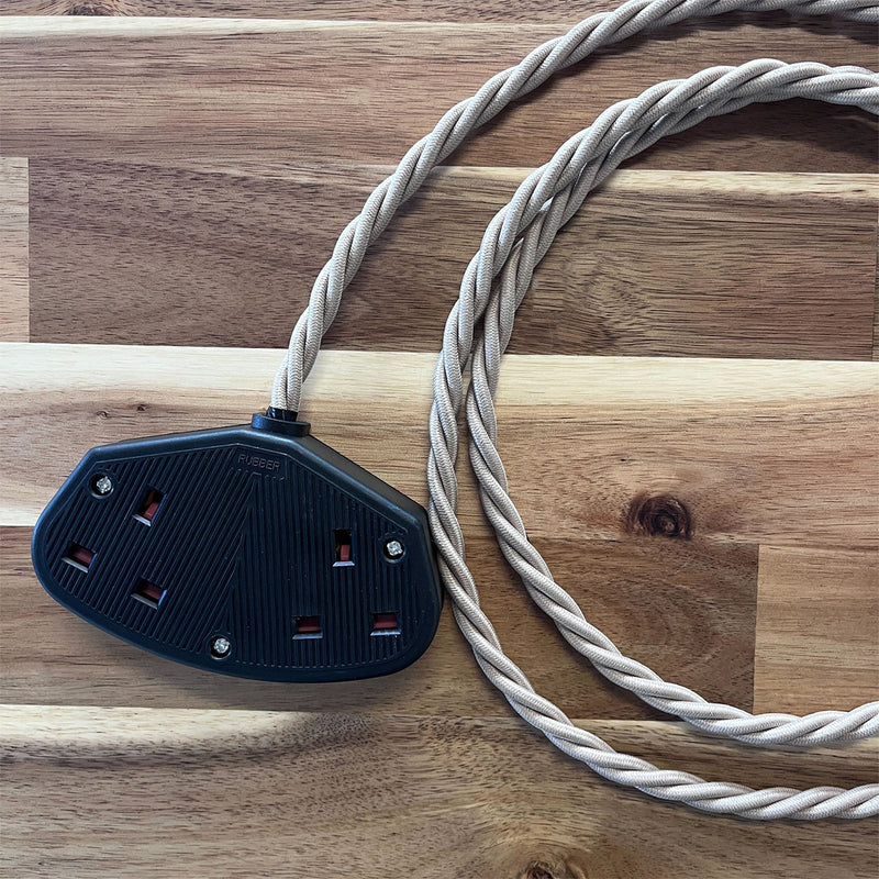 Cream / Linen Braided Fabric Decorative Extension Lead - 2 Gang Black Trailing Socket - Extension Leads