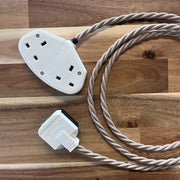 Cream / Linen Braided Fabric Decorative Extension Lead - 2 Gang White Trailing Socket - Extension Leads