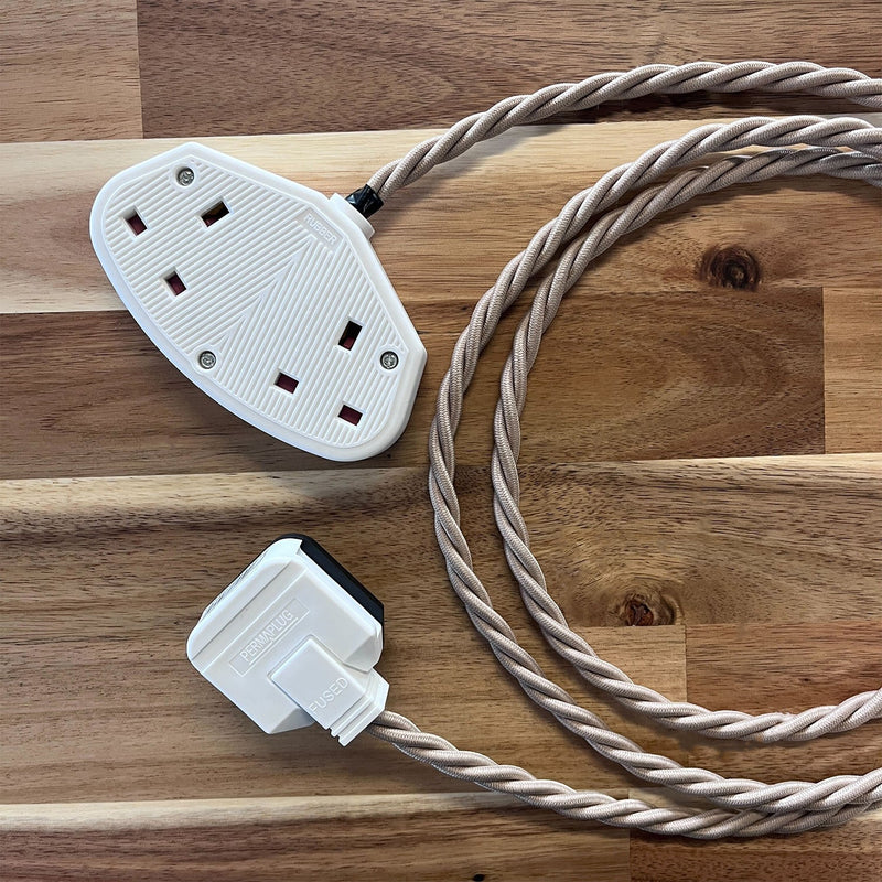 Cream / Linen Braided Fabric Decorative Extension Lead - 2 Gang White Trailing Socket - Extension Leads