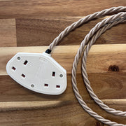 Cream / Linen Braided Fabric Decorative Extension Lead - 2 Gang White Trailing Socket - Extension Leads