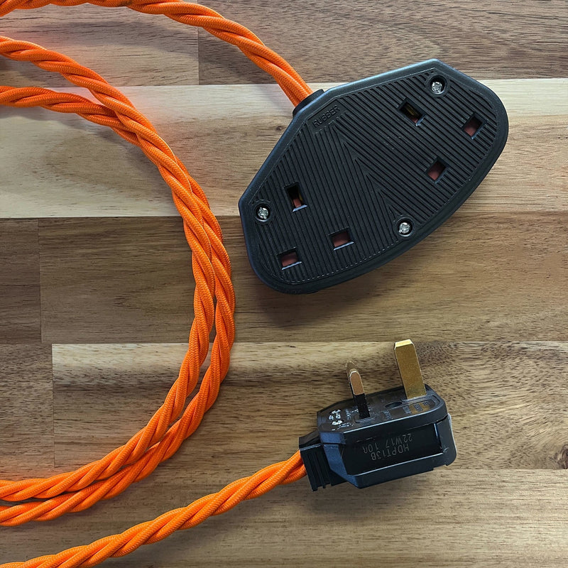 Red / Pink / Orange Braided Fabric Decorative Extension Lead - Black 2 Gang Trailing Socket - Extension Leads