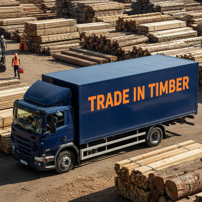 picture of a navy blue delivery lorry with Trade In Timber in orange writing on side in timber yard and size of image (412x412)