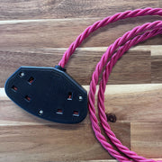 Red / Pink / Orange Braided Fabric Decorative Extension Lead - Black 2 Gang Trailing Socket - Extension Leads