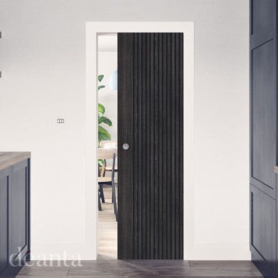 Modern interior door with vertical black panel design in a home setting