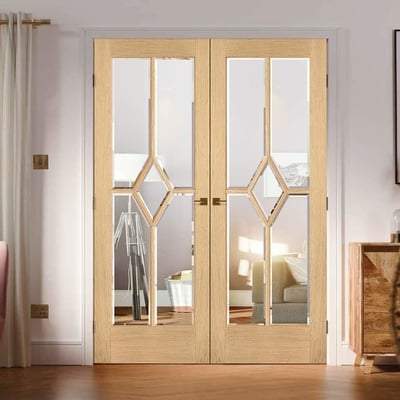 Oak Reims 5 Glazed Clear Panels (Diamond) Pre-Finished Internal French Doors - 1981mm x 1067mm -