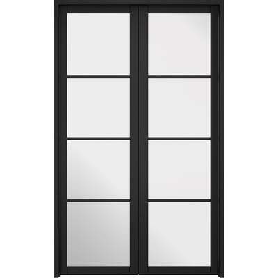 Black-framed glass sliding door with six panels on a white background