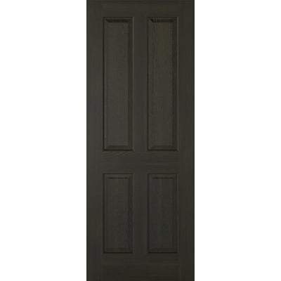 Dark wooden door with four panels on a white background