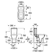 Technical drawing of a toilet with dimensions labeled