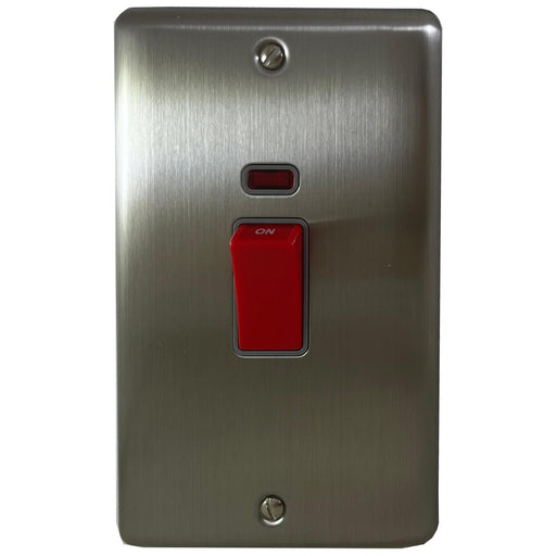Caradok 45A 1gang double pole switch+neon double plate (86×146mm) Brushed Chrome - Caradok - The Curve - Brushed Steel