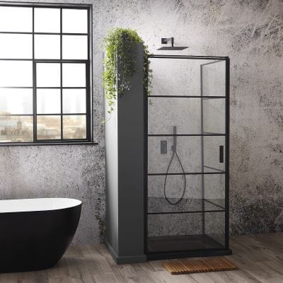 Velar+ Matt Black Hinge Corner Entry Door & Side Panel - 900 x 2000mm - Bathrooms