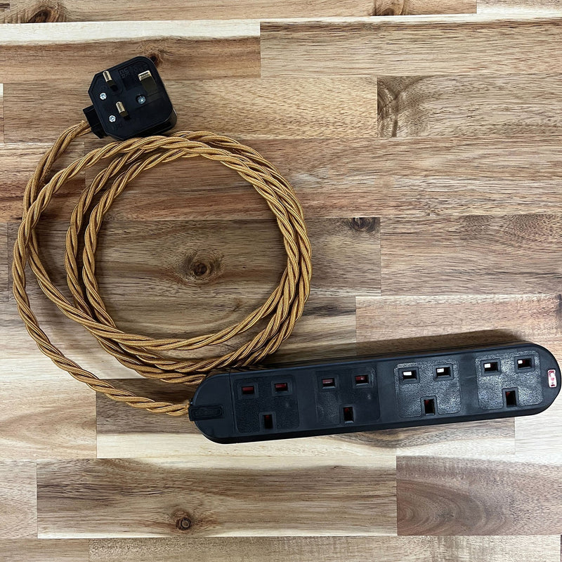 Brown / Gold / Yellow Braided Fabric Decorative Extension Lead - 4 Gang Black Trailing Socket - Extension Leads