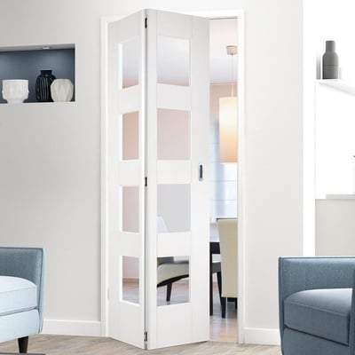 Shaker White Primed Bi-Fold 4 Glazed Clear Light Panels Interior Door - 1981mm x 686mm -