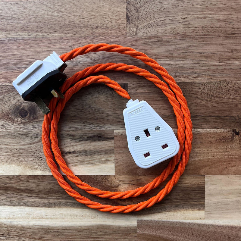 Orange / Pink / Red Braided Fabric Decorative Extension Lead - White 1 Gang Trailing Socket - Extension Leads