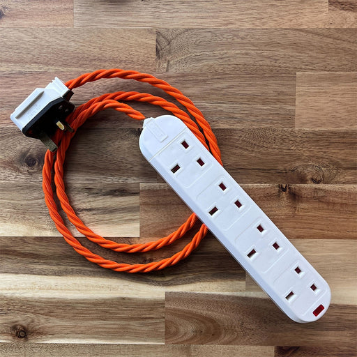 Orange / Pink / Red Braided Fabric Decorative Extension Lead - White 4 Gang Trailing Socket - Extension Leads
