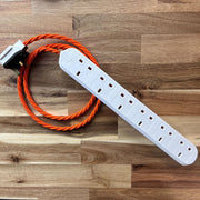 Orange / Pink / Red Braided Fabric Decorative Extension Lead - White 6 Gang Trailing Socket - Extension Leads
