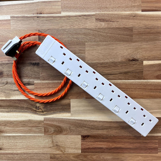 Orange / Pink / Red Braided Fabric Decorative Extension Lead - White 6 Gang Switched Trailing Socket - Extension Leads