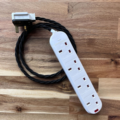 Black / Grey / White Braided Fabric Decorative Extension Lead - White 4 Gang Trailing Socket - Extension Leads