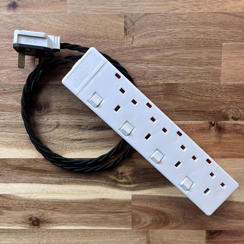 Black / Grey / White Braided Fabric Decorative Extension Lead - White 4 Gang Switched Trailing Socket - Extension Leads