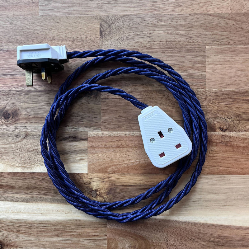 Blue / Purple Braided Fabric Decorative Extension Lead - White 1 Gang Trailing Socket - Extension Leads