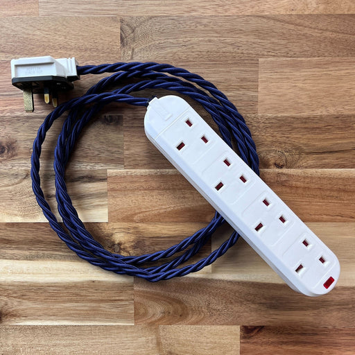 Blue / Purple Braided Fabric Decorative Extension Lead - White 4 Gang Trailing Socket - Extension Leads
