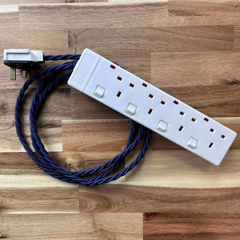Blue / Purple Braided Fabric Decorative Extension Lead - White 4 Gang Switched Trailing Socket - Extension Leads