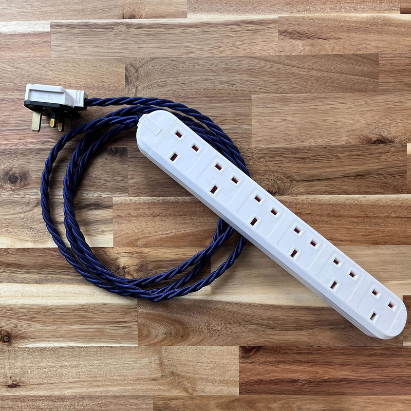 Blue / Purple Braided Fabric Decorative Extension Lead - White 6 Gang Trailing Socket - Extension Leads