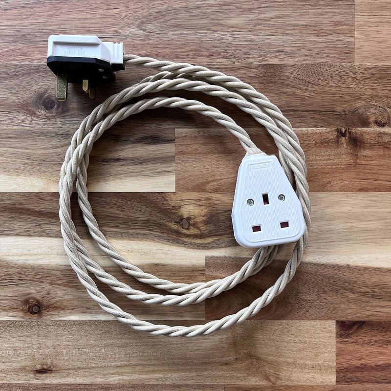 Cream / Linen Braided Fabric Decorative Extension Lead - White 1 Gang Trailing Socket - Extension Leads