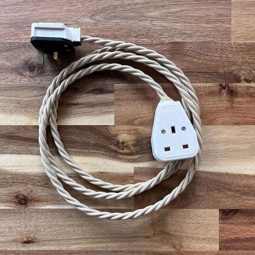 Cream / Linen Braided Fabric Decorative Extension Lead - White 1 Gang Trailing Socket - Extension Leads