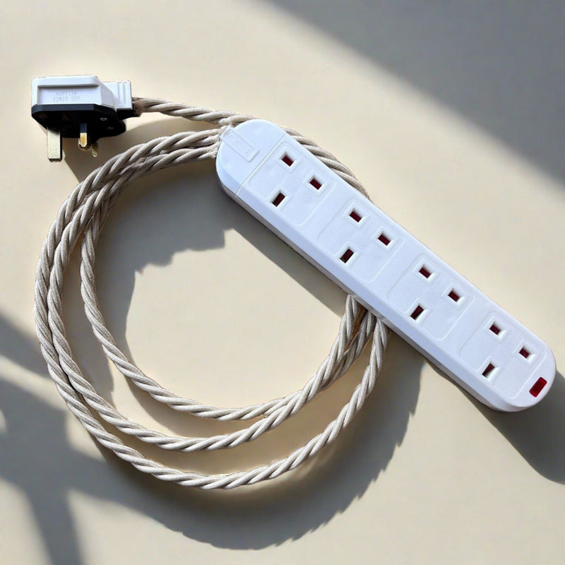 Cream / Linen Braided Fabric Decorative Extension Lead - White 4 Gang Trailing Socket - Extension Leads