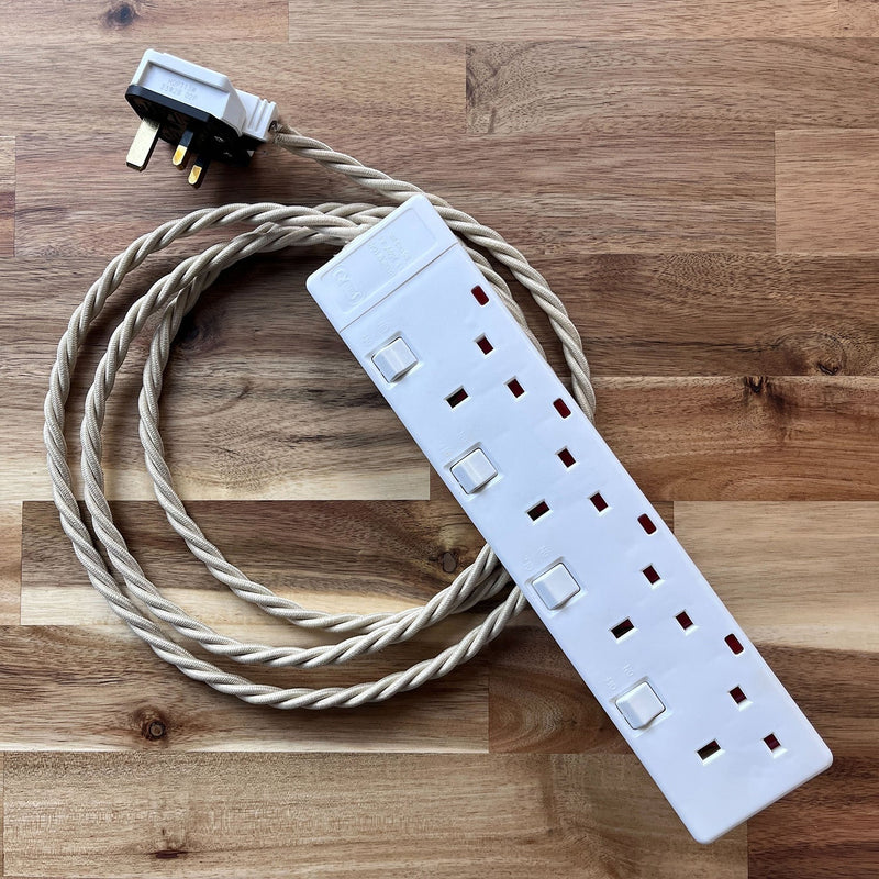 Cream / Linen Braided Fabric Decorative Extension Lead - White 4 Gang Switched Trailing Socket - Extension Leads
